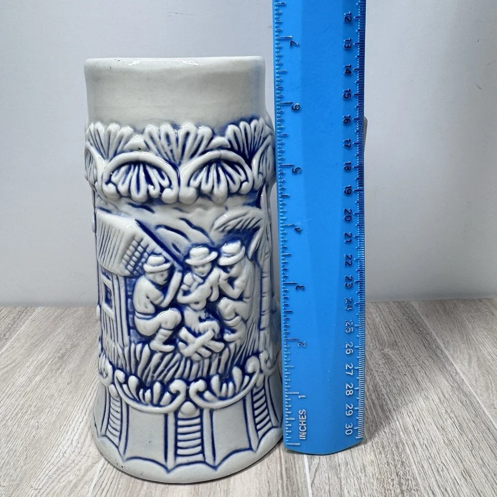 Vintage‎ Blue White Beer Stein Mug Relief German Style Brazil Stoneware
